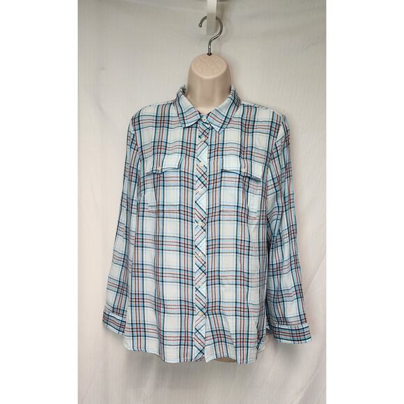 Talbots Plaid Blue/Peach Roll-Tab Sleeve Button Down Shirt Size LP - Picture 2 of 8